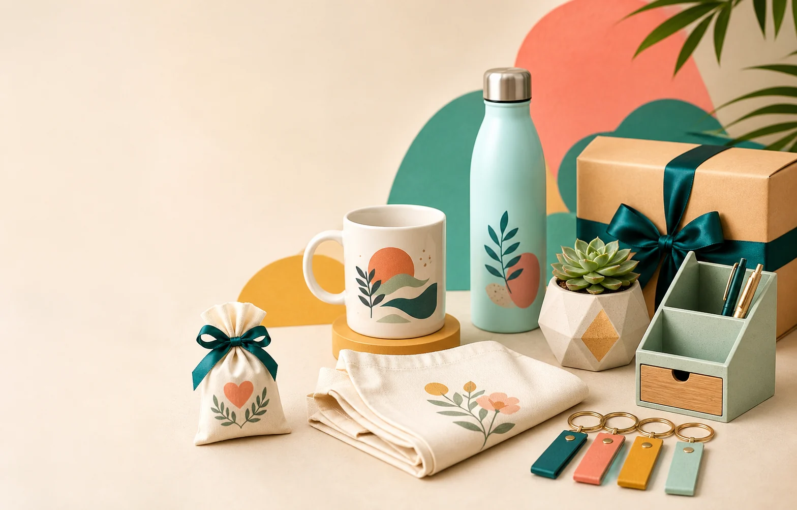 Composición de regalos y artículos personalizados de la identidad visual de Yansie Store